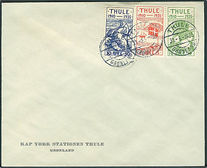 10 øre, 15 øre og 30 øre Thule udg. på uadresseret fortrykt kuvert Kap York Stationen Thule Grønland stemplet Thule Grønland d. 31.8.1935.