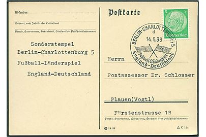 5 pfg. Hindenburg på filatelistisk brevkort annulleret med særstempel Berlin-Charlottenburg / Fussball-Länderspiel England - Deutschland d. 14.5.1938 til Plauen. Fodbold landskampen blev spillet på Olympia stadion i Berlin og England vandt med 6-3. 