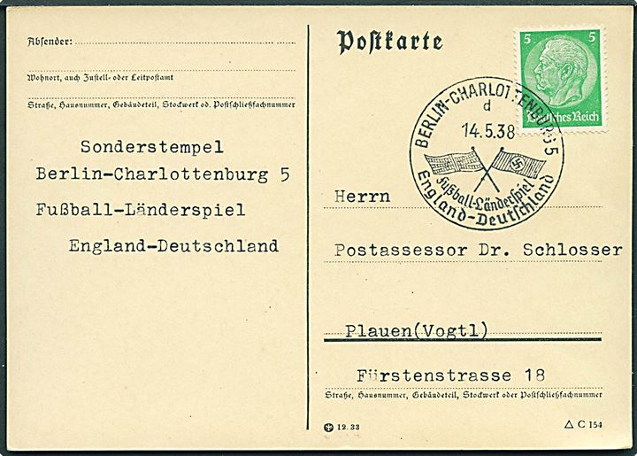 5 pfg. Hindenburg på filatelistisk brevkort annulleret med særstempel Berlin-Charlottenburg / Fussball-Länderspiel England - Deutschland d. 14.5.1938 til Plauen. Fodbold landskampen blev spillet på Olympia stadion i Berlin og England vandt med 6-3. 
