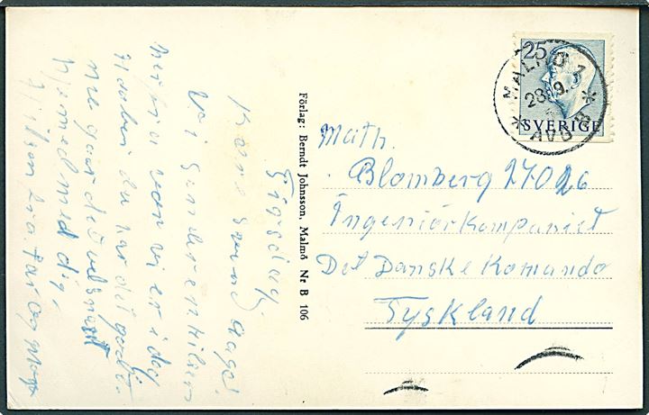 25 öre Gustaf på brevkort fra Malmö d. 28.9.195? til soldat ved Ingeniørkompaniet, Det danske Kommando i Tyskland. Interessant destination.