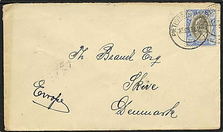 Transwaal 2½d Edward VII single på brev fra Pietpot... d. 15.10.1902 via Pretoria til Skive, Danmark.