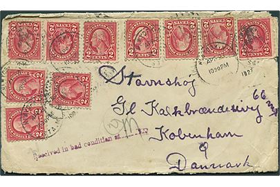 2 cents Washington (10) på brev fra New York d. 27.4.1927 til København, Danmark. Stemplet Received in bad condition at .... og lukket med officiele lukkemærkater: Officially Sealed.