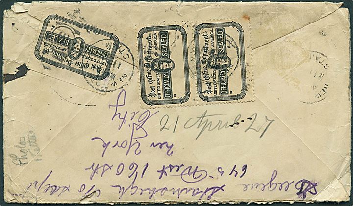 2 cents Washington (10) på brev fra New York d. 27.4.1927 til København, Danmark. Stemplet Received in bad condition at .... og lukket med officiele lukkemærkater: Officially Sealed.