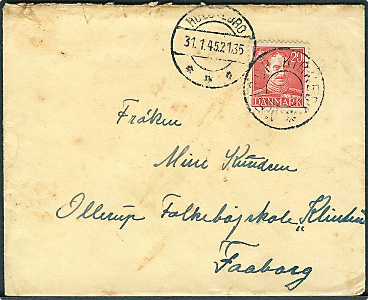 20 øre Chr. X på brev annulleret med udslebet stjernestempel MEJRUP KIRKEBY og sidestemplet Holstebro d. 31.1.1945 til Ollerup pr. Faaborg.