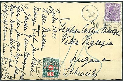 15 øre Chr. X på underfrankeret brevkort fra Næstved d. 1.1.1923 til Lugano, Schweiz. Sort T stempel og 25 c. Portomærke stemplet Lugano d. 4.1.1923.