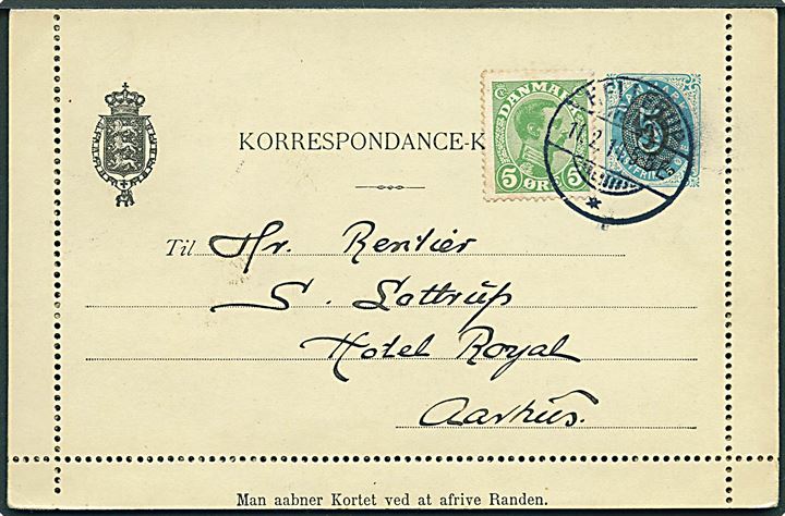 5/4 øre provisorisk helsagskorrespondancekort med fuld rand opfrankeret med 5 øre Chr. X fra Hellerup d. 11.2.1914 til Aarhus.