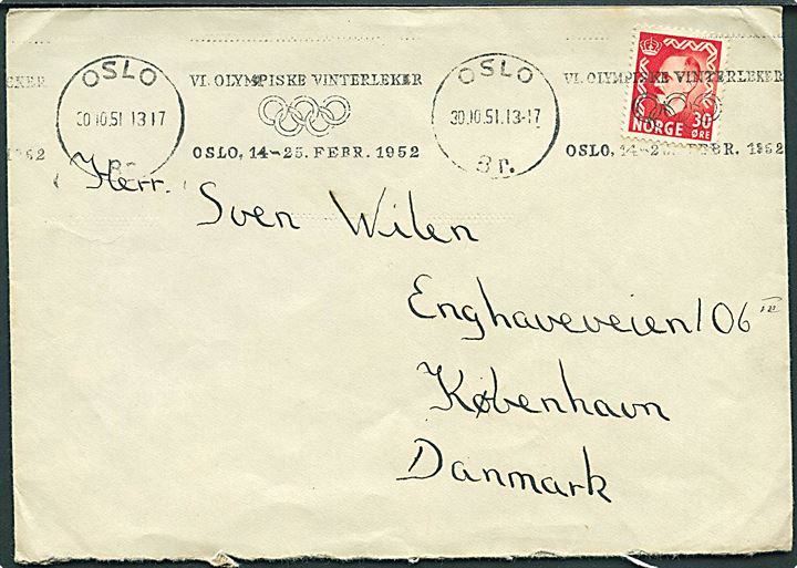 30 øre Haakon på brev annulleret med TMS VI Olympiske Vinterleker Oslo 14-25. Febr. 1952/Oslo d. 30.10.1951 til København, Danmark.