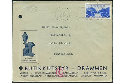 30 øre Turist udg. på brev fra Drammen d. 10.3.1941 til Halle, Tyskland. Åbnet af tysk censur i Berlin. 2 arkivhuller.
