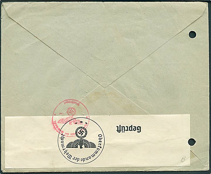30 øre Turist udg. på brev fra Drammen d. 10.3.1941 til Halle, Tyskland. Åbnet af tysk censur i Berlin. 2 arkivhuller.