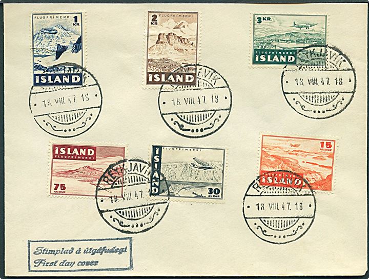 Komplet sæt Luftpost udg. på uaddresseret FDC stemplet Reykjavik d. 18.8.1947.