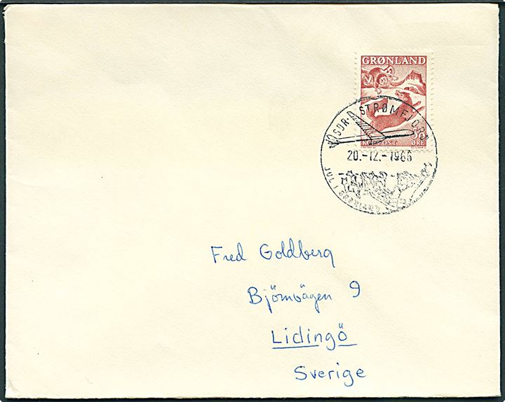 50 øre Drengen og Ræven på brev annulleret med julestempel i Sdr. Strømfjord d. 20.12.1966 til Lidingö, Sverige. 