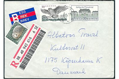 1 kr. Pindsvin, 20 kr. Karlsberg Slot og 30 kr. Ugle på anbefalet brev fra Kumla d. 19.5.2000 til København, Danmark.