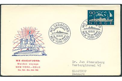 90 øre Sagafjord på illustreret kuvert annulleret med særligt skibsstempel M/S Sagafjord Maiden Voyage Posted on board New York - Oslo d. 15.10.1965 til Glostrup, Danmark.