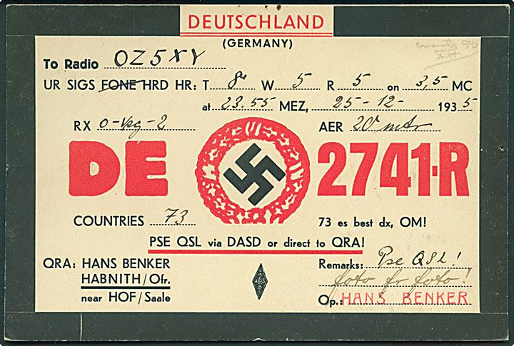 Tysk QSL-kort med hagekors fra radioamatør DE2741-R i Habnith d. 25.12.1935.