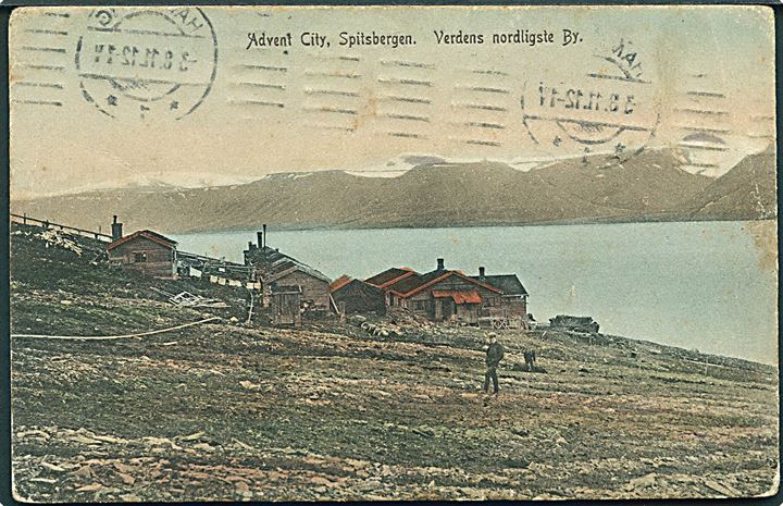 Svalbard. Advent City, Spitsbergen. Verdens nordligste By. No. 5 Anvendt i Hamburg 1911. Slidt.