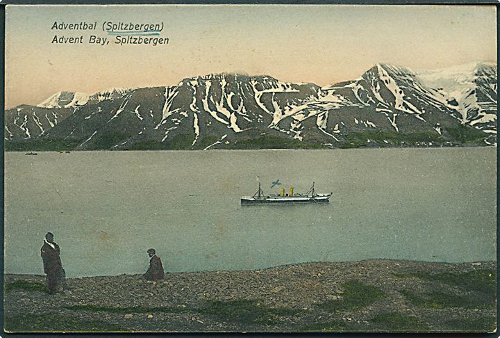 Svalbard. Advent Bay, Spitsbergen med turistskib. Norddeutscher Lloyd Polarfahrt 1910. Hobbing & Co. Polarfahrt no. 2