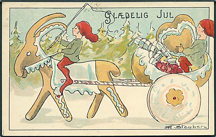 Aina Stenberg: Glædelig Jul. Nisser, Julebuk & vogn. Paul Heckscher u/no. 