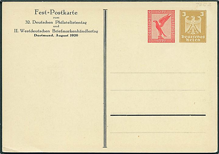 Postwertzeichen Ausstellung Dortmund. vom 4 - 8 1926. Fest Postkarte zum 32. Deutschen Philitalistentag. U/no. 10+3 pfg. illustreret helsagsbrevkort.