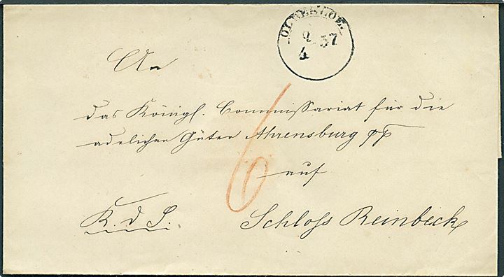 1857. Ufrankeret tjenestebrev med antiqua Oldesloe d. 2.4.1857 til Schloss Reinbeck. På bagsiden laksegl fra Gods Hohenholz. Påskrevet 6 sk. porto.