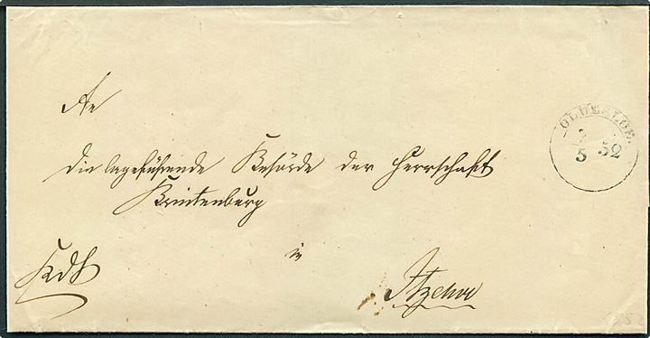 1852. Ufrankeret tjenestebrev med antiqua Oldesloe d. 2.5.1852 til Itzehoe.