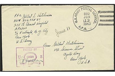 Ufrankeret feltpostbrev stemplet U.S.Army Postal Service APO (nr. fjernet) d. 13.6.1943 til USA. Fra 208th General Hospital APO 860 (= Reykjavik). Lilla unit censor #00605.