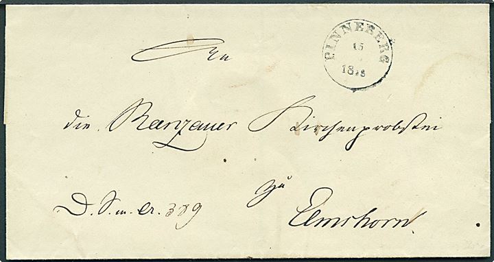 1848. Tjenestebrev mærket D.S.m.A. 389 med antiqua Pinneberg d. 15.x.1848 til Elmshorn. På bagsiden stort laksegl.
