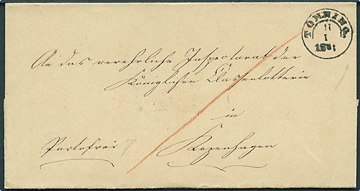 1851. Brev påskrevet Portofrei med 1½-ringsstempel Tönning. d. 11.1.1851 til til Klasselotteriet i København. 