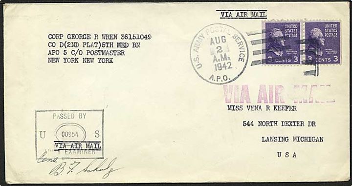 3 cents Jefferson i parstykke på luftpost brev stemplet U.S.Army Postal Service APO (nr. fjernet) d. 2.8.1942 til USA. Fra Co D, 5th Medical Battalion APO 5 (= Baldurshagi). Sort unit censor #00954.