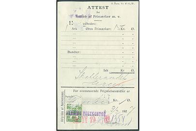 10 øre Gebyrmærke annulleret med kontorstempel Herning Postkontor d. 3.2.1927 på Attest for indkøb af Frimærker m.v. F. Form. Nr. 43 (1/4 23). 