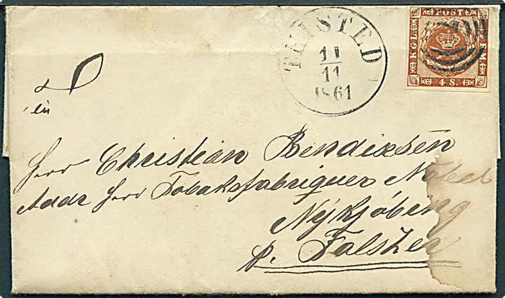 4 sk. 1858 udg. på brev annulleret med svagt nr.stempel 72 og sidestemplet antiqua Thisted d. 11.11.1861 til Nykjøbing Falster.