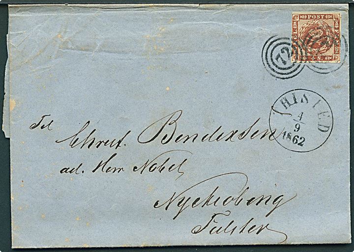 4 sk. 1858 udg. på brev annulleret med nr.stempel 72 og sidestemplet antiqua Thisted d. 4.9.1862 til Nykjøbing Falster.