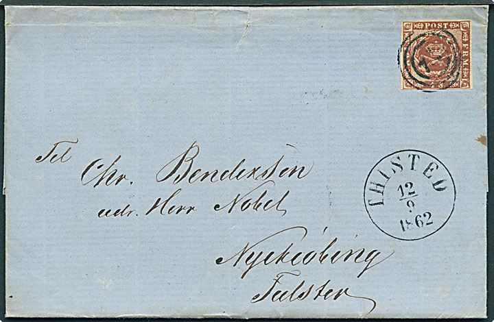 4 sk. 1858 udg. på brev annulleret med nr.stempel 72 og sidestemplet antiqua Thisted d. 12.9.1862 til Nykjøbing Falster.