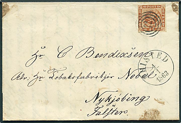 4 sk. 1858 udg. på brev annulleret med nr.stempel 72 og sidestemplet antiqua Thisted d. 4.1.1863 til Nykjøbing Falster.