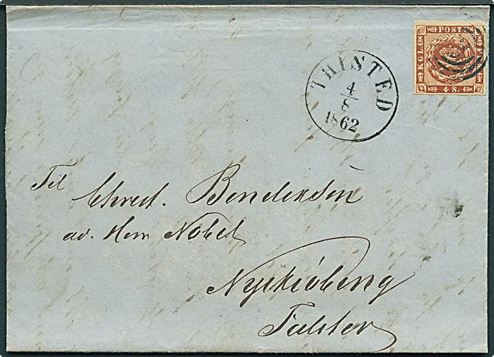 4 sk. 1858 udg. på brev annulleret med nr.stempel 72 og sidestemplet antiqua Thisted d. 4.8.1862 til Nykjøbing Falster.