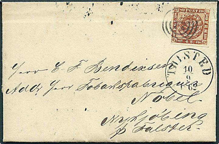 4 sk. 1858 udg. på brev annulleret med nr.stempel 72 og sidestemplet antiqua Thisted d. 10.9.1862 til Nykjøbing Falster.