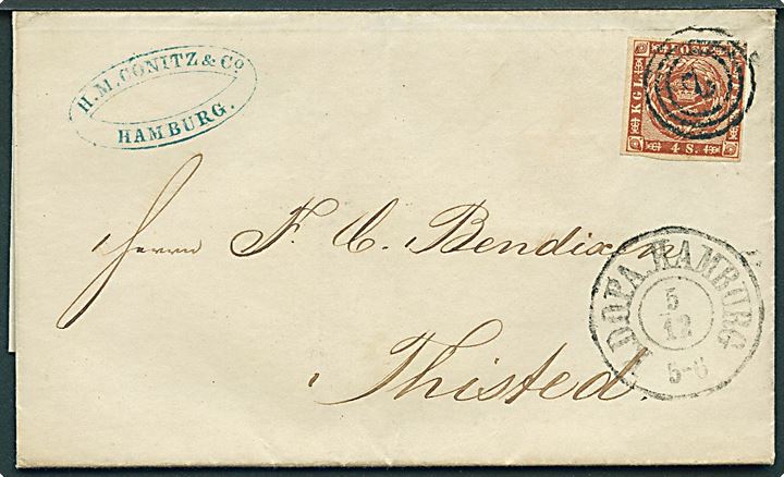 4 sk. 1858 på brev annulleret med nr.stempel 2 og sidestemplet antiqua K.D.P.O.A. Hamburg d. 5.12.1861 til Thisted.