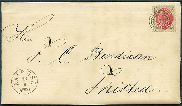 4 sk. Tofarvet på brev annulleret med nr.stempel 4 og sidestemplet lapidar Aalborg d. 18.8.1872 til Thisted.