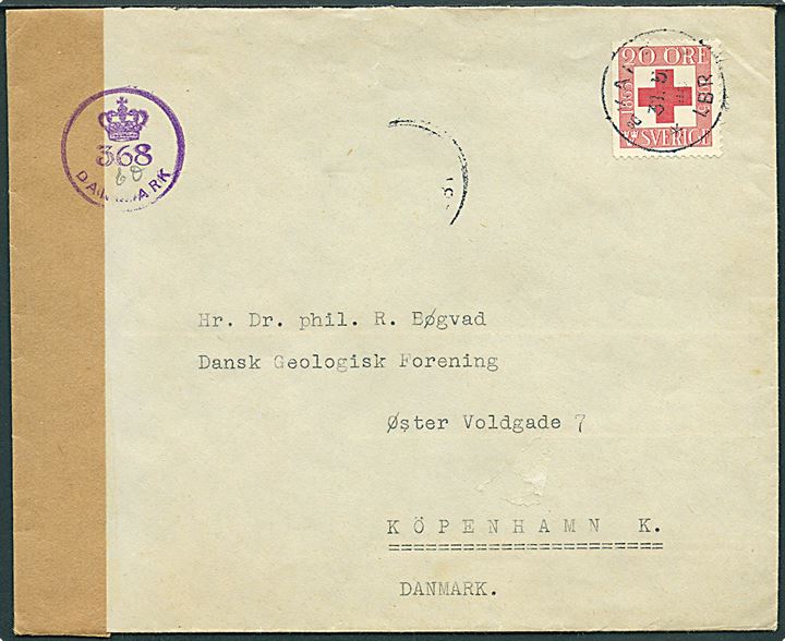 20 öre Røde Kors på brev fra Åkarp d. 31.5.1945 til København, Danmark. Åbnet af dansk efterkrigscensur med neutral brun banderole og stempel (krone)/368/Danmark, samt signatur.