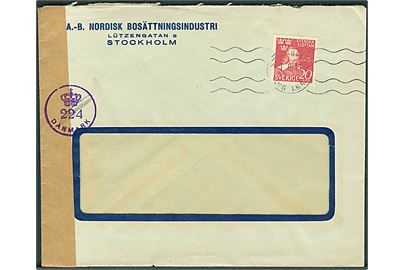 20 öre Svenska Flottan på rudekuvert fra Stockholm d. 1.6.1945. Åbnet af dansk efterkrigscensur med neutral brun banderole og stempel (krone)/224/Danmark, samt signatur.