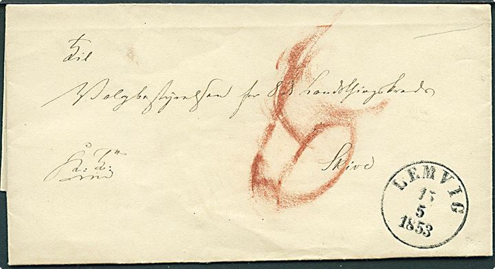 1853. Ufrankeret tjenestebrev dateret Harboøre d. 13.5.1853 med antiqua Lemvig d. 15.5.1853 til Skive. Påskrevet 6 skilling porto. 