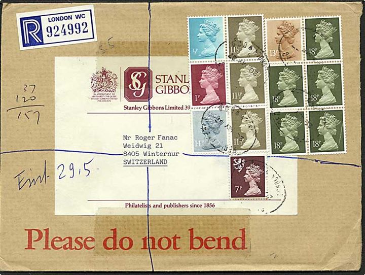 Elizabeth hæftesammentryk på anbefalet brev fra London d. 20.5.1987 til Winterthur, Schweiz.
