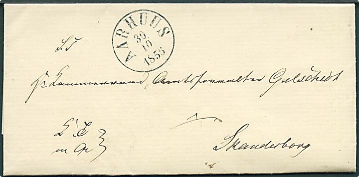 1856. Ufrankeret tjenestebrev mærket K.T.m.A. med antiqua Aarhus d. 30.10.1856 til Skanderborg.