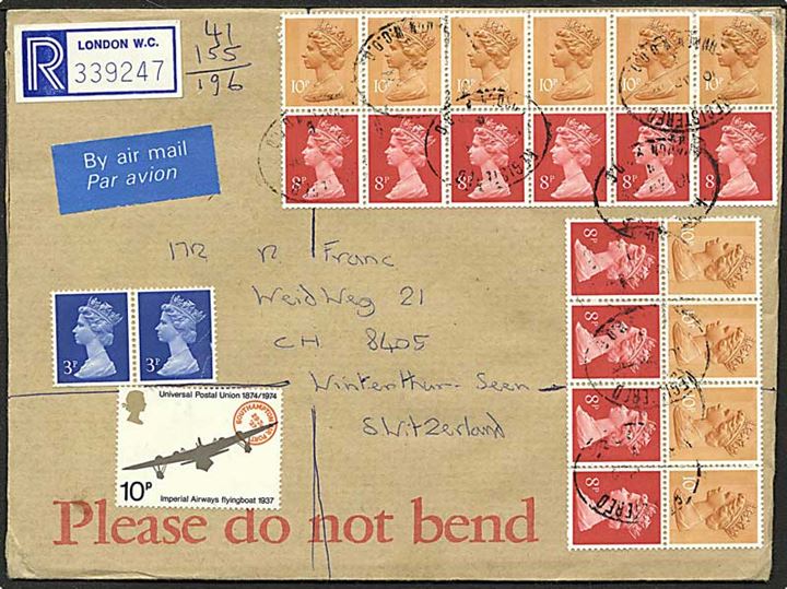 Elizabeth hæftesammentryk på anbefalet brev fra London d. 10.4.1988 til Winterthur, Schweiz.