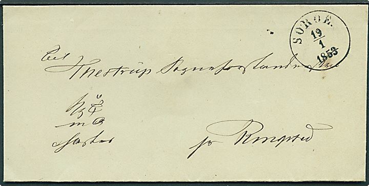 1853. Ufrankeret tjenestebrev påskrevet K.T.m.A. Haster med antiqua Soröe. d. 19.1.1853 til Thestrup Sogneforstanderskab pr. Ringsted.