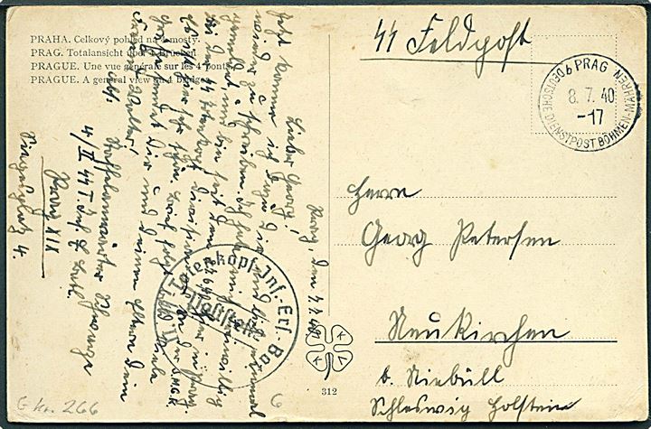 Ufrankeret SS-feltpostkort stemplet Prag Deutsche Dienstpost Böhmen-Mähren d. 8.7.1940 til Niebüll. Briefstempel: SS-Totenkopf Inf. Ers. Bat. II