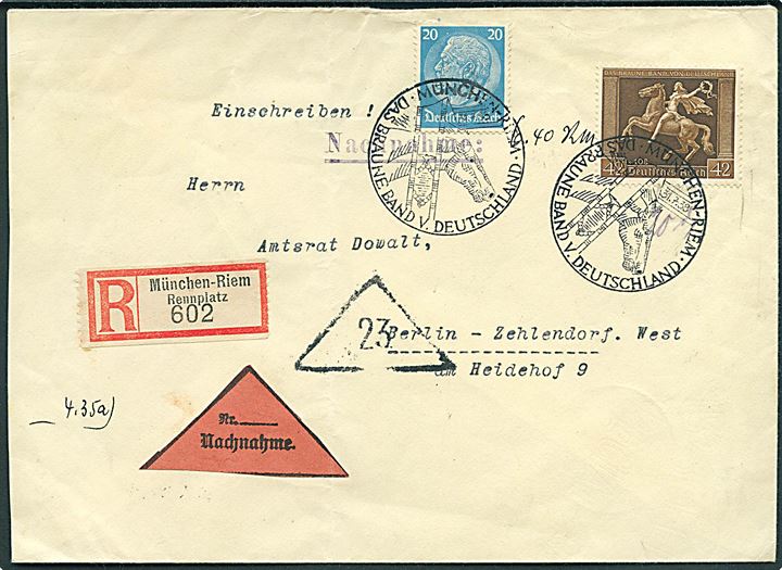 20 pfg. Hindenburg og 42+108 pfg. Das Braune Band udg. på anbefalet brev med opkrævning annulleret med særstempel i München-Reim d. 31.7.1938 til Berlin.