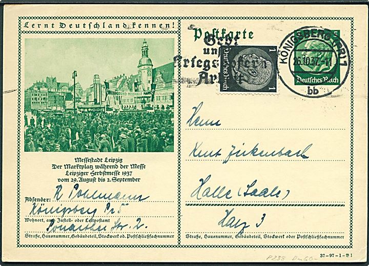 5 pfg. Messestadt Leipzig illustreret helsagsbrevkort opfrankeret med 1 pfg. Hindenburg fra Königsberg (Pr.) d. 26.10.1937 til Halle.