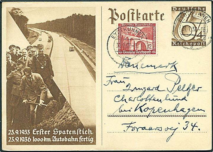 6+4 pfg. illustreret Winterhilfswerk helsagsbrevkort opfrankeret med 12+6 pfg. Winterhilfe fra Eydtkühnen d. 31.1.1937 til Charlottenlund, Danmark