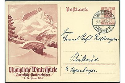 15+10 pfg. Vinter-OL illustreret helsagsbrevkort fra Grevesmühlen d. 5.12.1935 til Birkerød, Danmark.