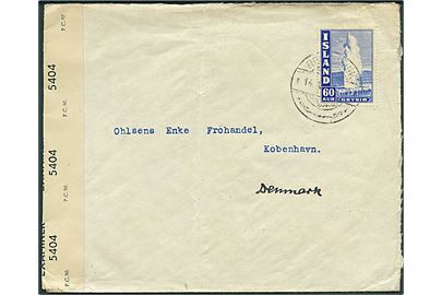 60 aur Geysir single på brev annulleret med svagt stempel i Reykjavik ca. 1945 til København, Danmark. Åbnet af britisk censur PC90/5404.